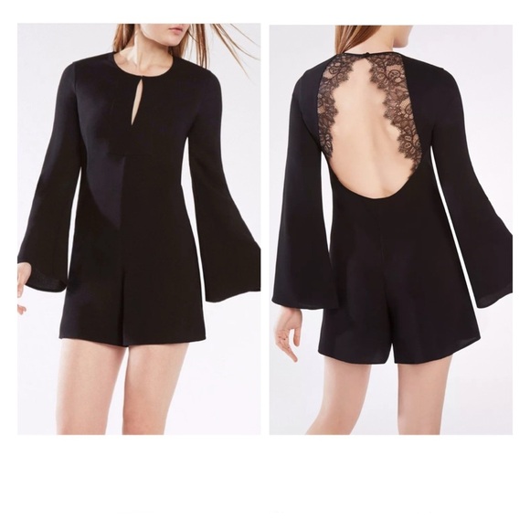 BCBGMAXAZRIA Giulianna Black Long Sleeve Romper Lace Back Size Small NWT - Picture 1 of 16